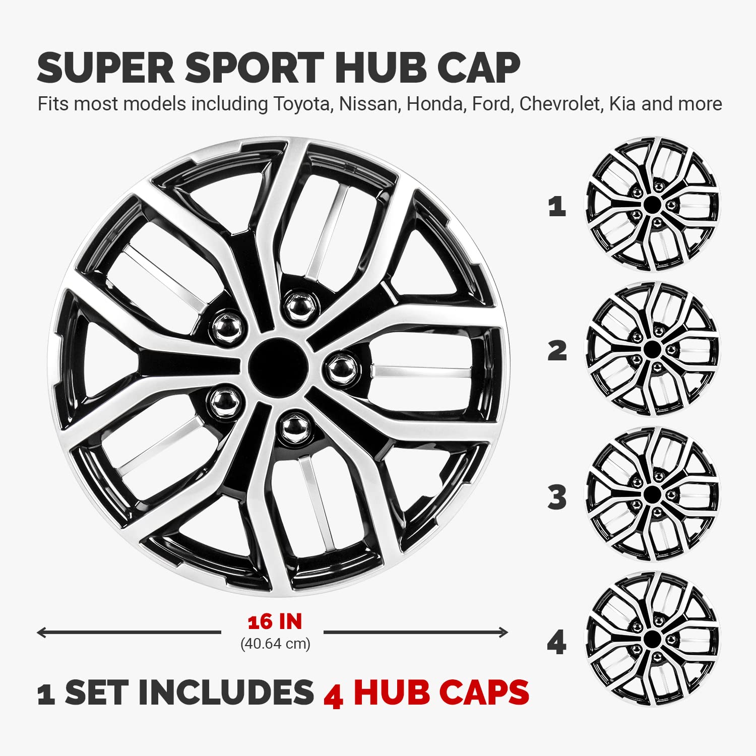 Pilot Automotive WH142-16S-B 16 Inch Super Sport Black & Silver Universal Hubcap Wheel Covers For Cars - Set Of 4 - Fits Most Cars