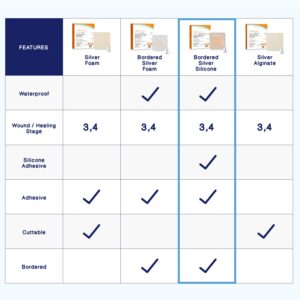 Bordered Silver Silicone Ag Sterile Absorbent Antibacterial Dressing, 4"x 4" (2.5"x 2.5" Pad), 5 dressings/Box, MedHeal by MedvanceTM