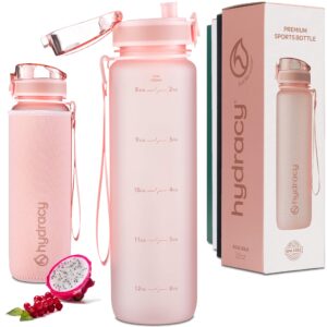 hydracy water bottle with time marker -large 32oz bpa free & no sweat sleeve -leak proof gym bottle with fruit infuser strainer & times to drink -ideal gift for fitness sports & outdoors