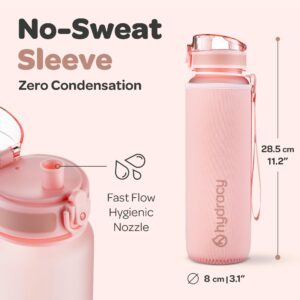 Hydracy Water Bottle with Time Marker -Large 32oz BPA Free & No Sweat Sleeve -Leak Proof Gym Bottle with Fruit Infuser Strainer & Times to Drink -Ideal Gift for Fitness Sports & Outdoors