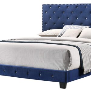 Glory Furniture Suffolk Velvet Upholstered King Bed in Navy Blue