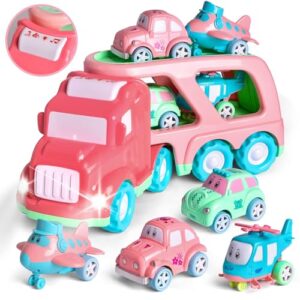 fun little toys truck toys for kids 2-4, kids toys girls age 2 3 4 5, toddler princess girl toys carrier truck with cars and planes, toddler birthday gifts with music & lights for 2 3 4 5 year girls