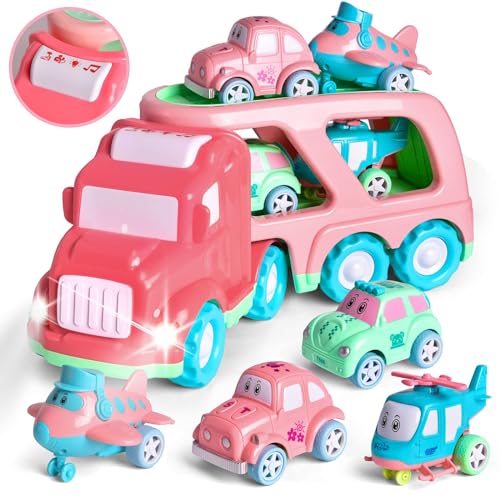 FUN LITTLE TOYS Truck Toys for Kids 2-4, Kids Toys Girls Age 2 3 4 5, Toddler Princess Girl Toys Carrier Truck with Cars and Planes, Toddler Birthday Gifts with Music & Lights for 2 3 4 5 Year Girls