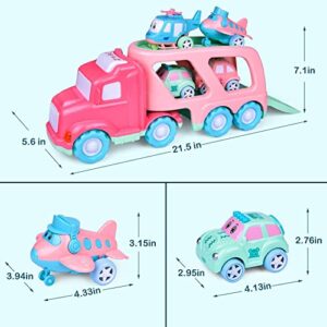 FUN LITTLE TOYS Truck Toys for Kids 2-4, Kids Toys Girls Age 2 3 4 5, Toddler Princess Girl Toys Carrier Truck with Cars and Planes, Toddler Birthday Gifts with Music & Lights for 2 3 4 5 Year Girls