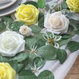 Floroom Artificial Flowers 50pcs Real Looking Cream Foam Fake Roses with Stems for DIY Wedding Bouquets Bridal Shower Centerpieces Floral Arrangements Party Tables Home Decorations