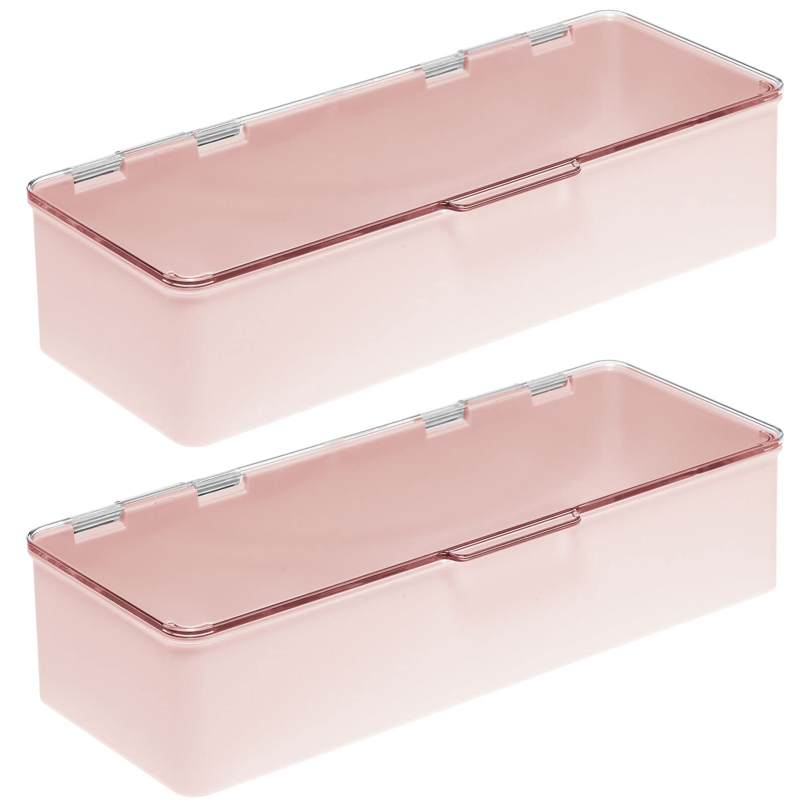 mDesign Long Plastic Cosmetic Storage Organizer Box Containers with Hinged Lid for Bedroom, Bathroom Vanity Shelf or Cabinet, Holds Masks, Palettes, Lotion, or Nail Polish, 2 Pack - Light Pink/Clear