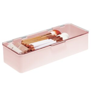 mDesign Long Plastic Cosmetic Storage Organizer Box Containers with Hinged Lid for Bedroom, Bathroom Vanity Shelf or Cabinet, Holds Masks, Palettes, Lotion, or Nail Polish, 2 Pack - Light Pink/Clear