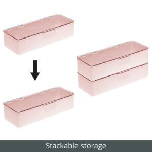 mDesign Long Plastic Cosmetic Storage Organizer Box Containers with Hinged Lid for Bedroom, Bathroom Vanity Shelf or Cabinet, Holds Masks, Palettes, Lotion, or Nail Polish, 2 Pack - Light Pink/Clear