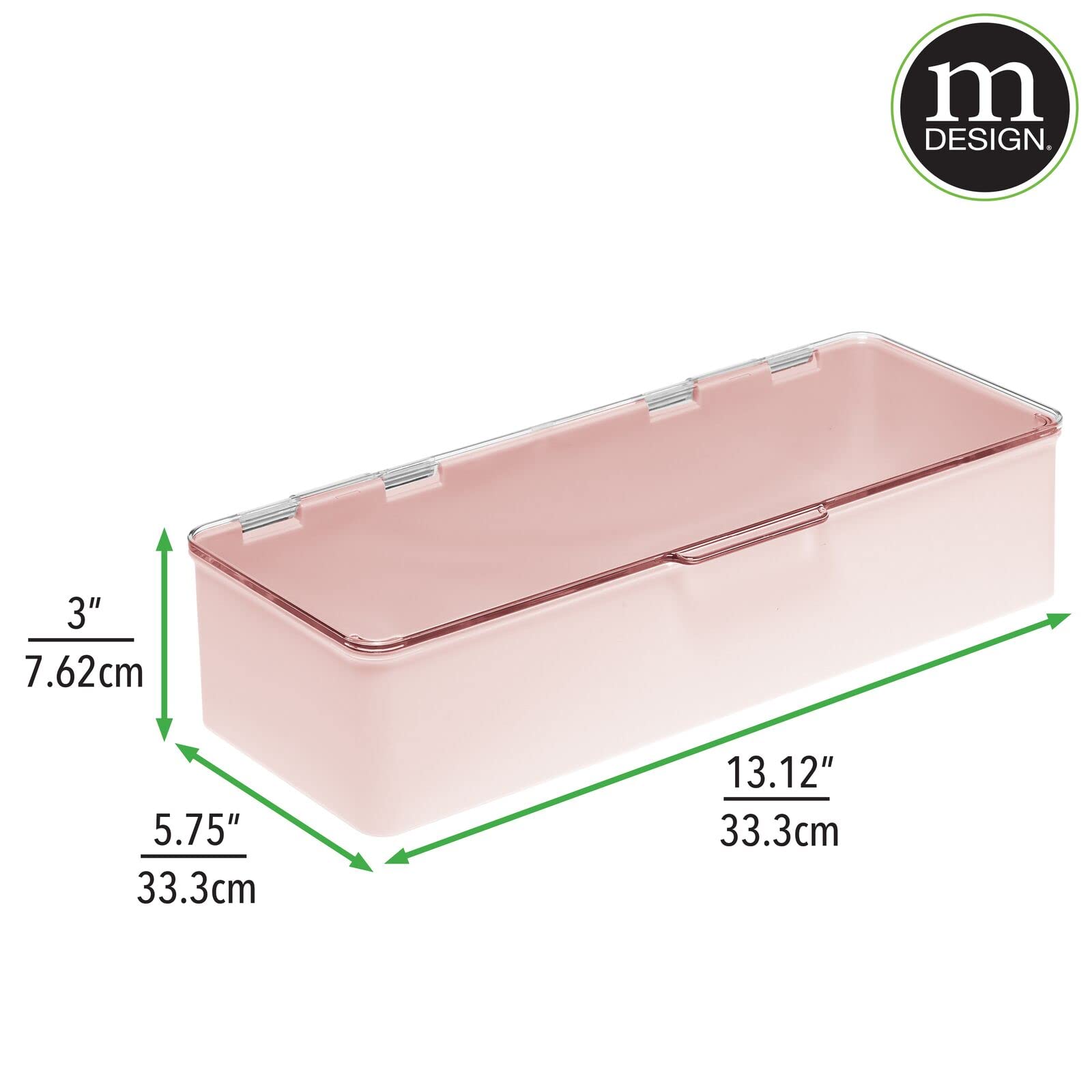 mDesign Long Plastic Cosmetic Storage Organizer Box Containers with Hinged Lid for Bedroom, Bathroom Vanity Shelf or Cabinet, Holds Masks, Palettes, Lotion, or Nail Polish, 2 Pack - Light Pink/Clear