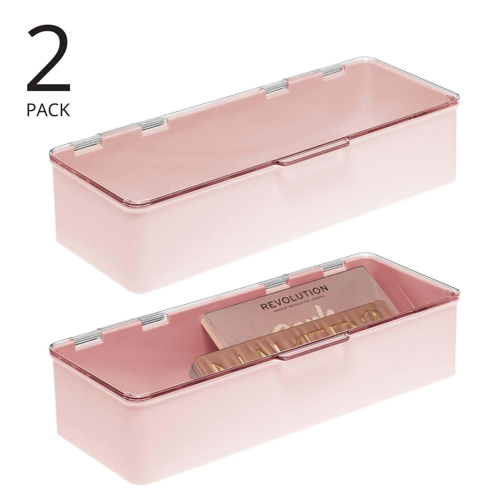 mDesign Long Plastic Cosmetic Storage Organizer Box Containers with Hinged Lid for Bedroom, Bathroom Vanity Shelf or Cabinet, Holds Masks, Palettes, Lotion, or Nail Polish, 2 Pack - Light Pink/Clear