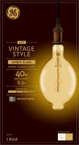 ge lighting vintage style led light bulb, 40 watt eqv, amber glass, warm candle light, bt56 large light bulb, medium base