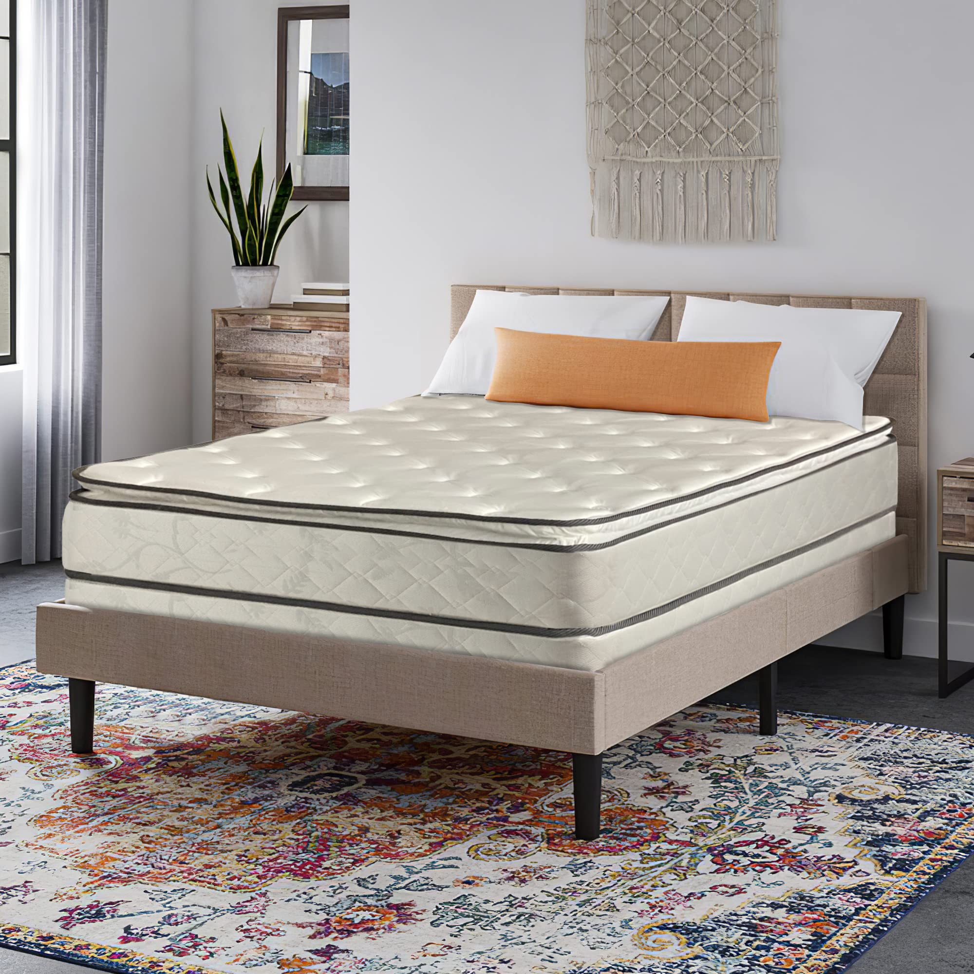 NUTAN 10-Inch Medium Plush Pillowtop Innerspring Mattress and 4" Wood Box Spring for Mattress, Queen, Beige