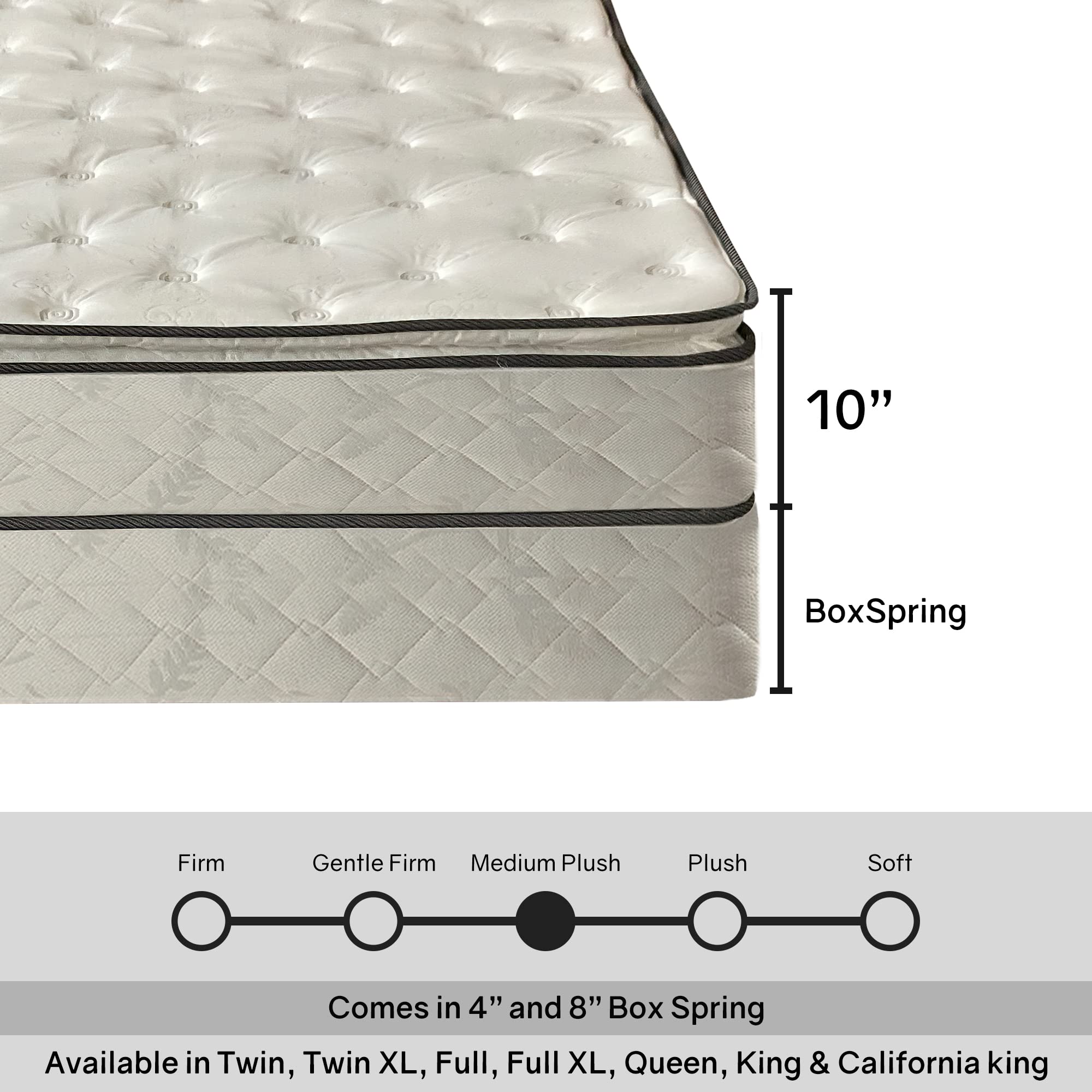 NUTAN 10-Inch Medium Plush Pillowtop Innerspring Mattress and 8" Wood Box Spring for Mattress, Twin, Beige