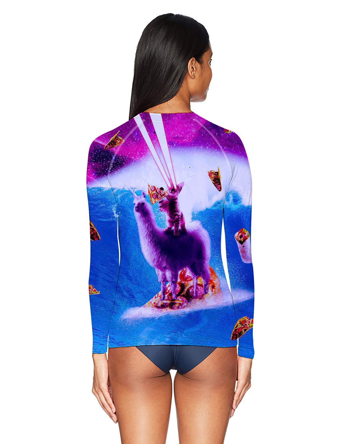 O2TEE Women's Mixed Print Cat Donut Long Sleeve Swim Tee Rash Guard Coverup,Medium