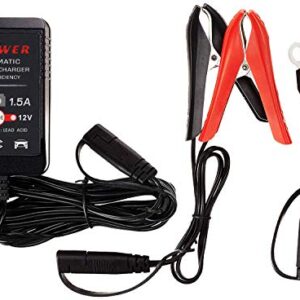 Suuwer 1.5-Amp Trickle Charger 8V/12V Fully-Automatic Smart Battery Charger/Maintainer for Motorcycle, Golf Cart, Car, Lawn Mower and More