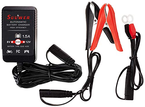 Suuwer 1.5-Amp Trickle Charger 8V/12V Fully-Automatic Smart Battery Charger/Maintainer for Motorcycle, Golf Cart, Car, Lawn Mower and More