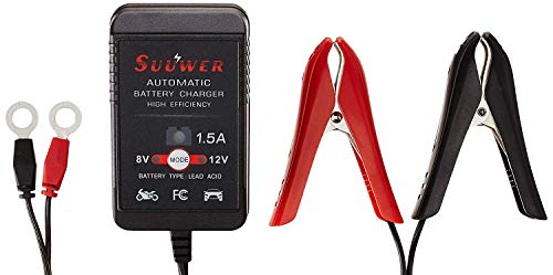 Suuwer 1.5-Amp Trickle Charger 8V/12V Fully-Automatic Smart Battery Charger/Maintainer for Motorcycle, Golf Cart, Car, Lawn Mower and More