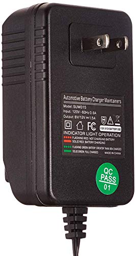 Suuwer 1.5-Amp Trickle Charger 8V/12V Fully-Automatic Smart Battery Charger/Maintainer for Motorcycle, Golf Cart, Car, Lawn Mower and More