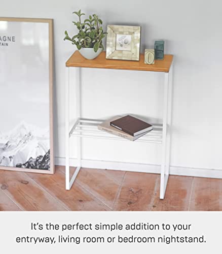 Yamazaki Home Narrow Living Room End Table - Slim Side Storage Shelf Stand Furniture Metal and Wood Modern Skinny Accent Table Steel + WoodWhite