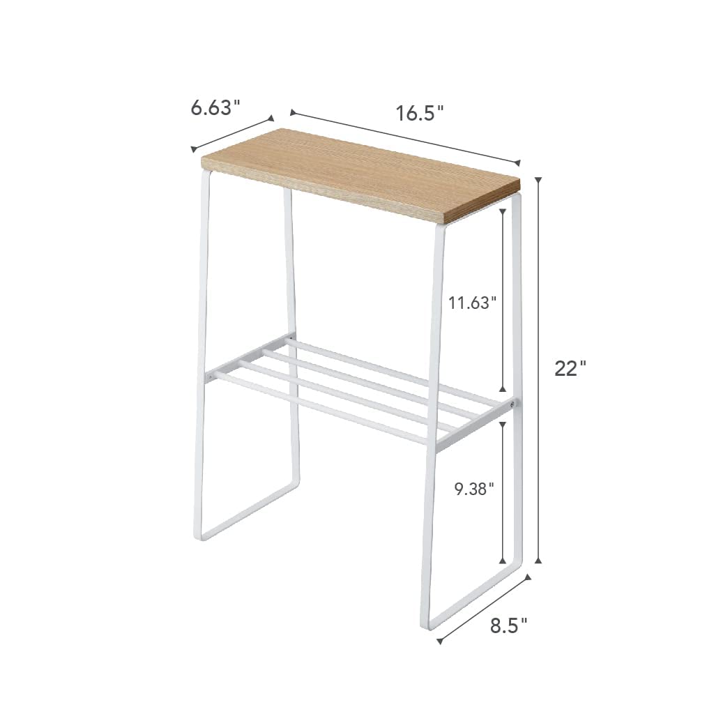 Yamazaki Home Narrow Living Room End Table - Slim Side Storage Shelf Stand Furniture Metal and Wood Modern Skinny Accent Table Steel + WoodWhite