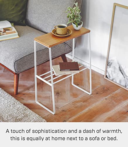 Yamazaki Home Narrow Living Room End Table - Slim Side Storage Shelf Stand Furniture Metal and Wood Modern Skinny Accent Table Steel + WoodWhite