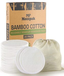 mp mozzpak (20 pack) reusable makeup remover pads | bamboo cotton rounds for toner with laundry bag | washable, eco-friendly face cleansing wipes and organic pad for all skin types