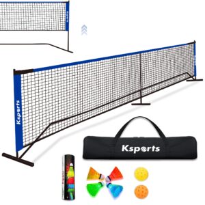 ksports 22 feet multifunctional nylon pickleball net with 4 led shuttlecocks, carry bag and 2 game balls for badminton and tennis, for sports, blue