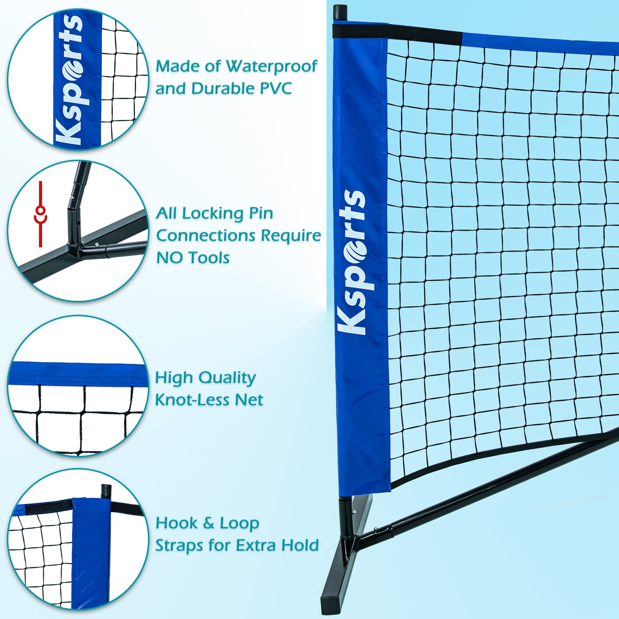 Ksports 22 Feet Multifunctional Nylon Pickleball Net with 4 LED Shuttlecocks, Carry Bag and 2 Game Balls for Badminton and Tennis, for Sports, Blue