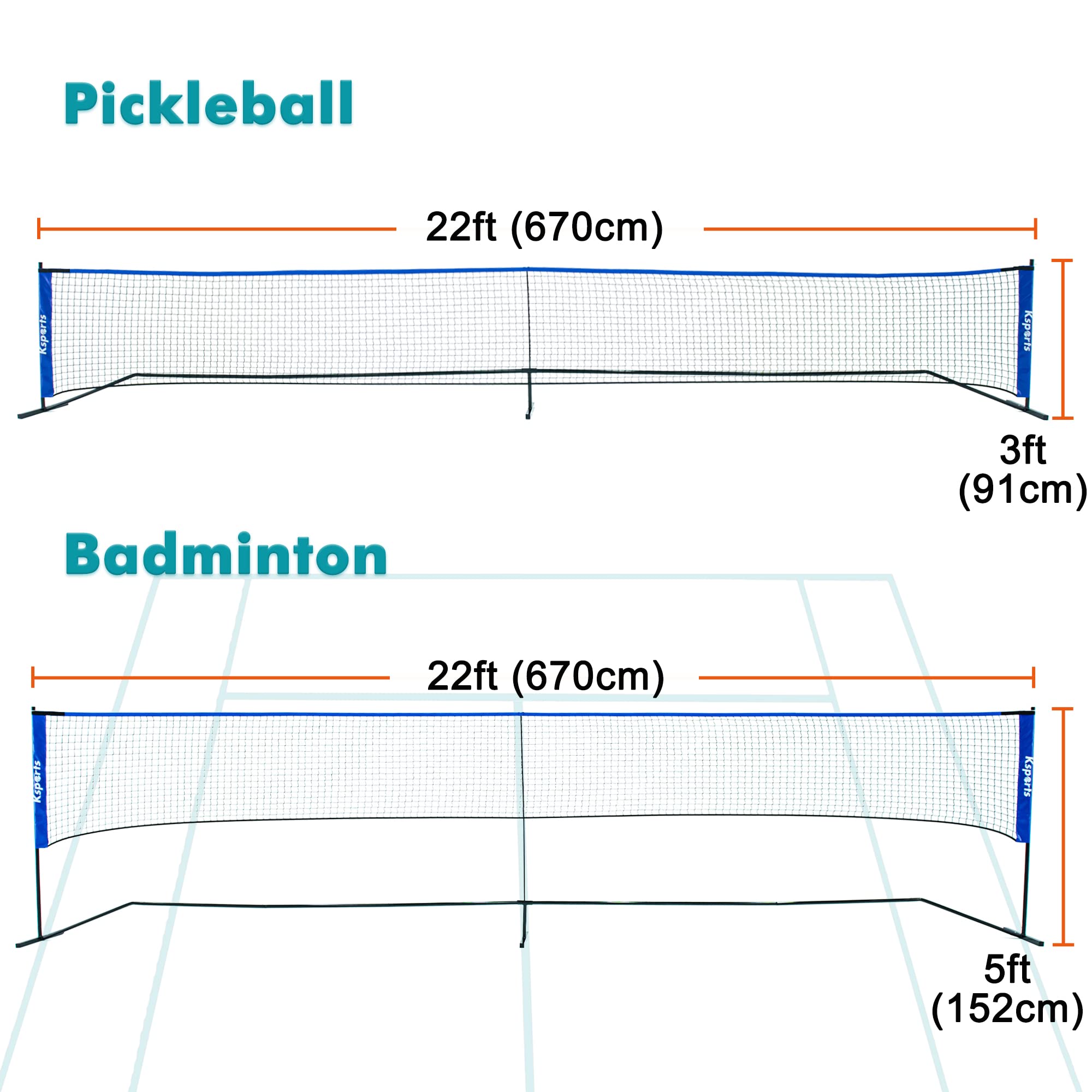 Ksports 22 Feet Multifunctional Nylon Pickleball Net with 4 LED Shuttlecocks, Carry Bag and 2 Game Balls for Badminton and Tennis, for Sports, Blue