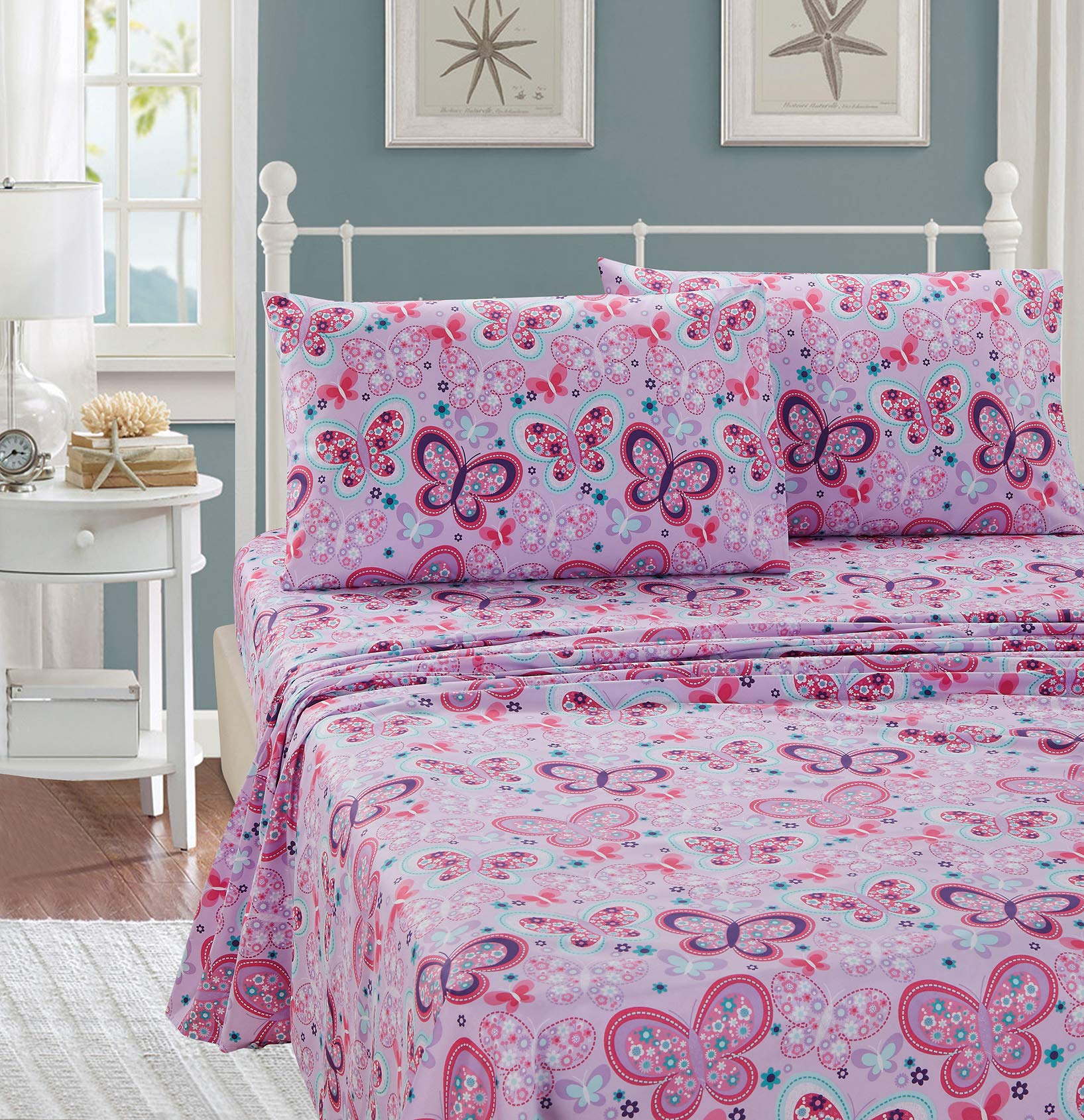 Better Home Style Pink Purple Lavender and Turquoise Blue Girls/Kids/Teens Sheet Set with Butterflies Flowers Floral with Pillowcases Flat and Fitted Sheets # Lavender Butterfly (Twin)