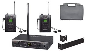 audio2000's awm6309u uhf 100 selectable frequency wireless in-ear monitor system with two wireless receivers and a pvc carrying case