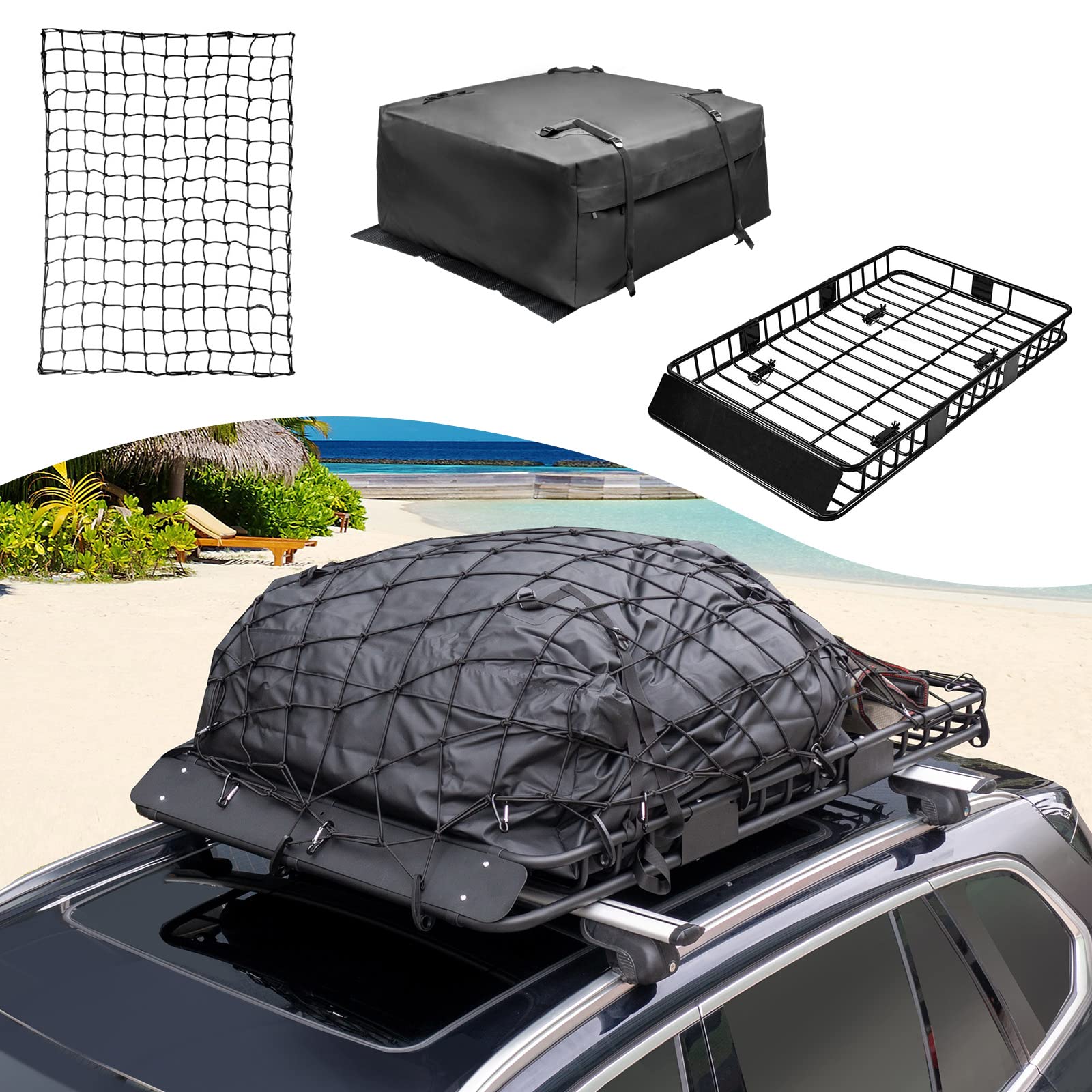 Leader Accessories Roof Rack Cargo Basket Set, Cargo Carrier Bag 15 Cubic Feet Capacity with Car Top Luggage Holder Adjustable Length 43/64 inches Cargo Net 3' x 4' for SUV, Van, Sedan,Jeep