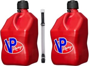 vp racing 5.5-gallon square motorsport container (2 pack) red with 14" deluxe filler hose (1 pack) features close-trimmed cap and neck for tight seal