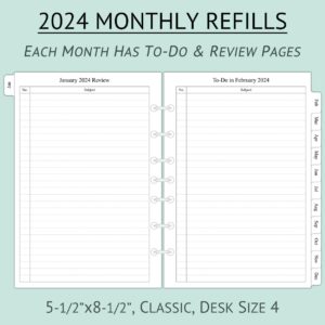 2024 Monthly Planner Refill 5-1/2" x 8-1/2", Runs from January 2024 to December 2024, Two Pages Per Month, Desk Size 4, 7-Hole Punched