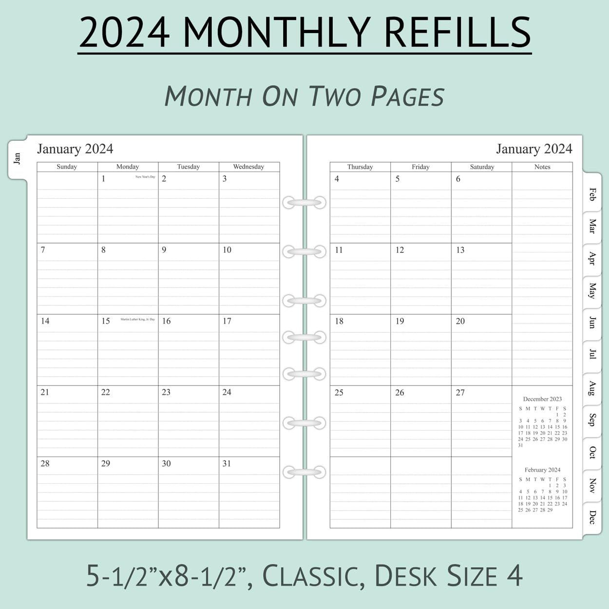 2024 Monthly Planner Refill 5-1/2" x 8-1/2", Runs from January 2024 to December 2024, Two Pages Per Month, Desk Size 4, 7-Hole Punched