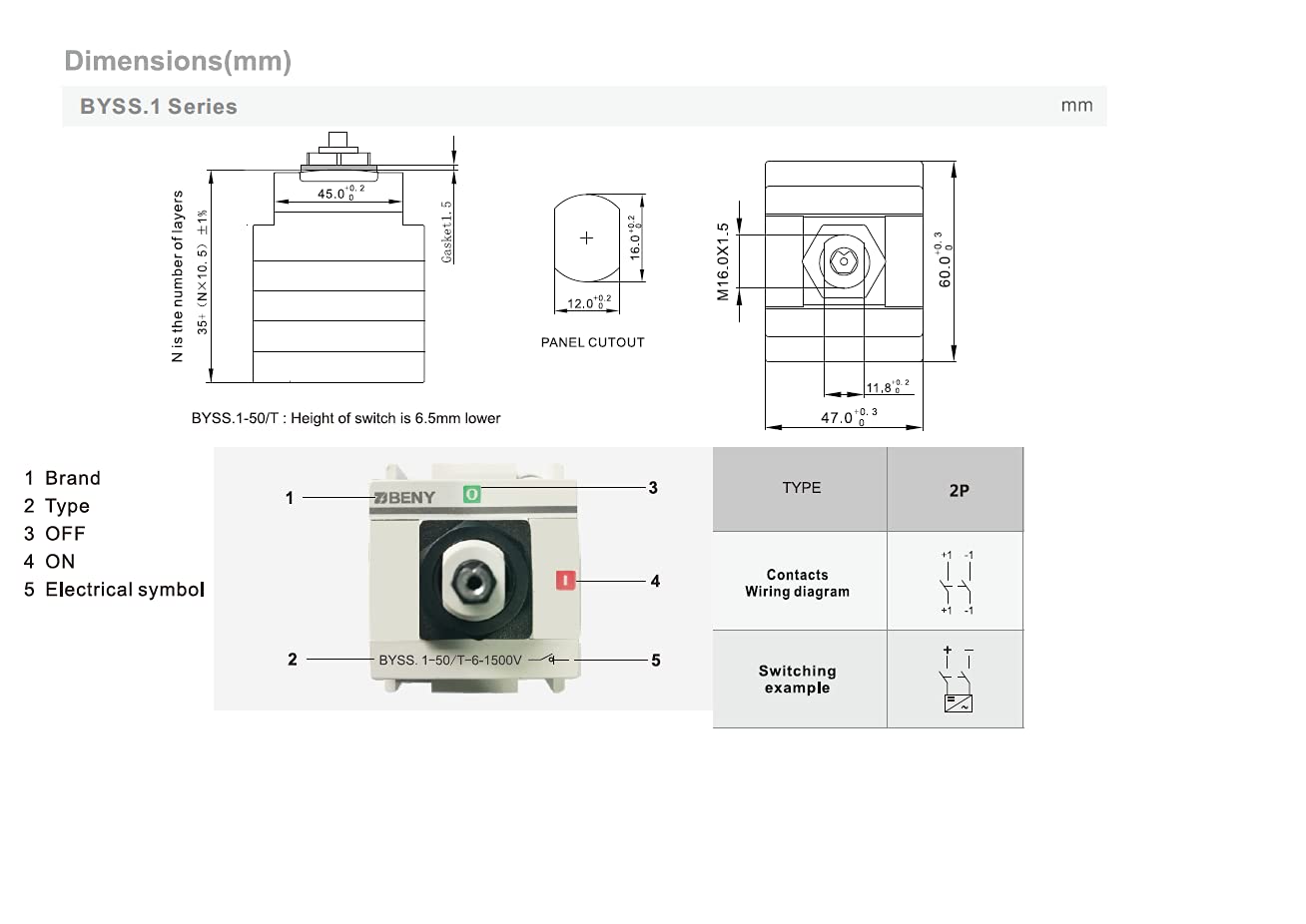 Jonsson 50A 1500V DC Isolator Switch for Solar Applications (Panel Mount, Lockable)