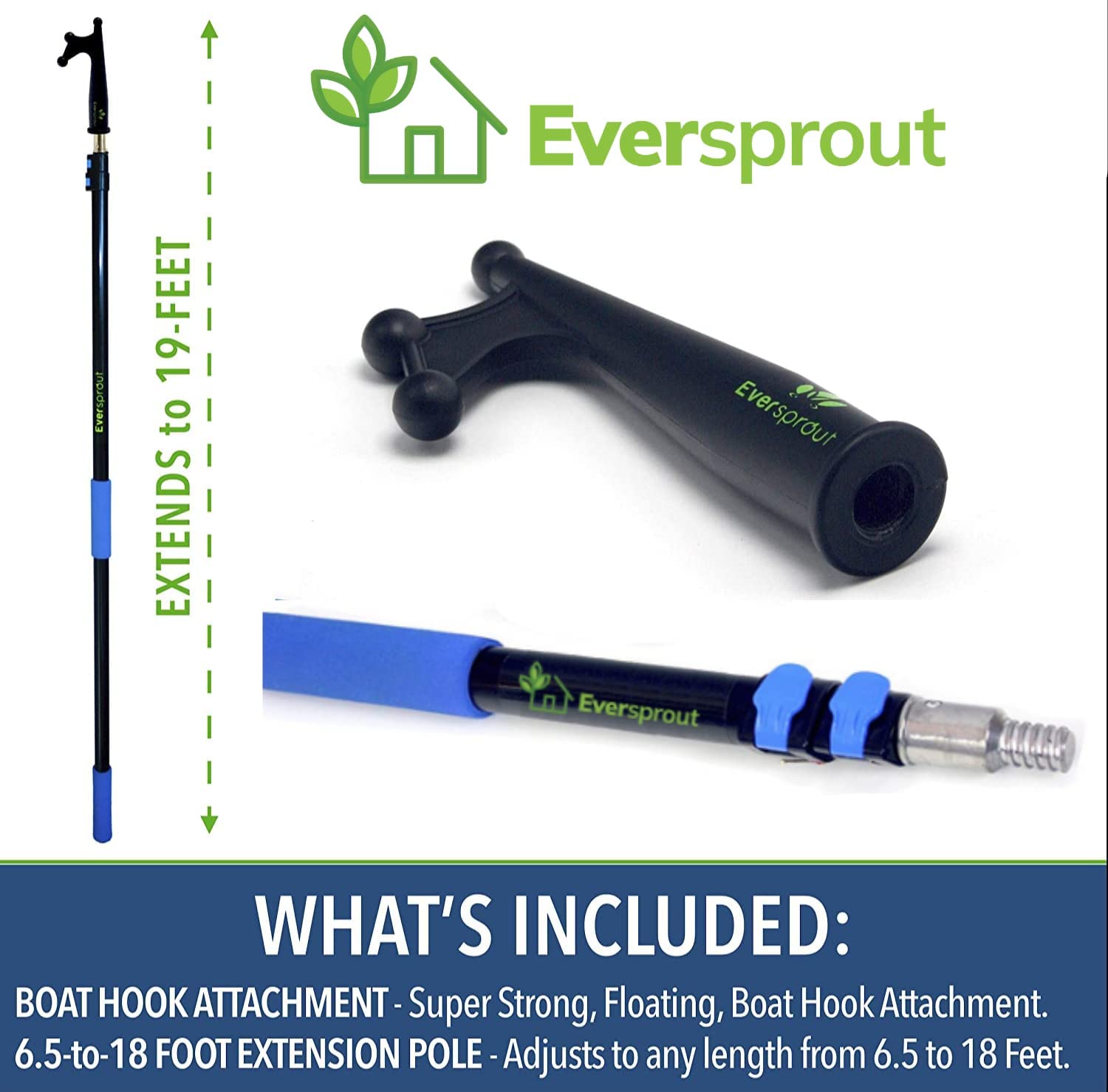 EVERSPROUT Telescoping Boat Hook | Floats, Scratch-Resistant, Sturdy Design | Durable & Lightweight, 3-Stage Anodized Aluminum Pole | Threaded End for Boating Accessories