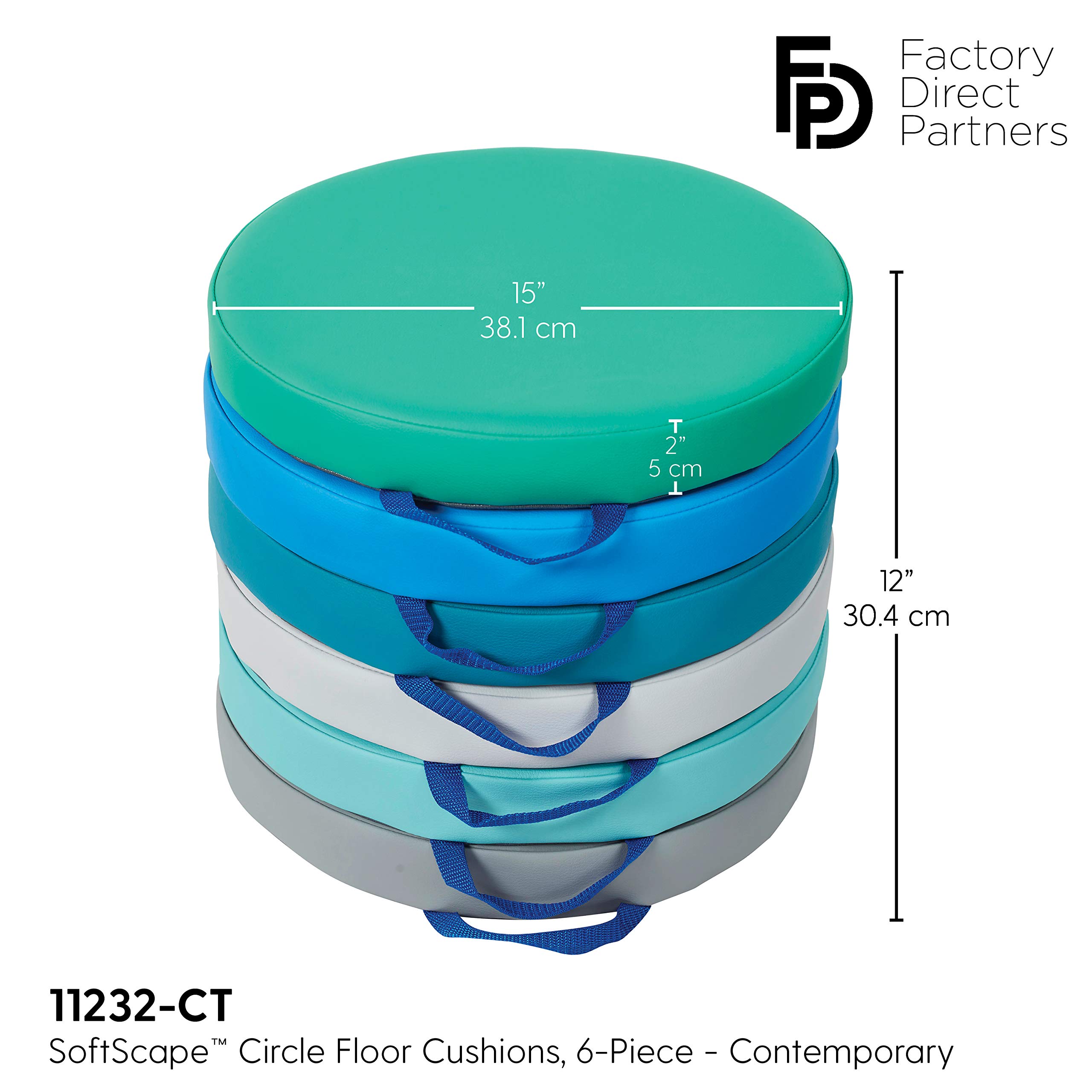 Factory Direct Partners SoftScape 15 inch Round Classroom Floor Cushions with Handles; Flexible Seating for Daycare, Preschool, Playroom; 2 inch Thick Deluxe Foam (6-Piece) - Contemporary, 11232-CT