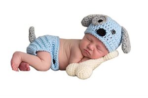 newborn baby girl boy photo props outfits crochet knitted blue dog hat shorts with bone set for boys girls photography shoot (0-6 months)