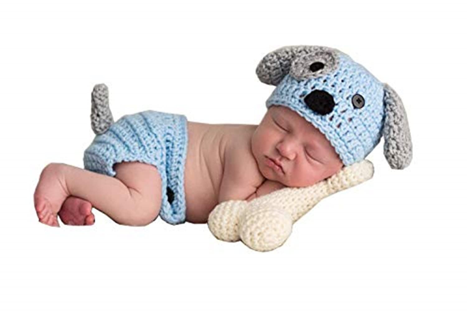 Newborn Baby Girl Boy Photo Props Outfits Crochet Knitted Blue Dog Hat Shorts with Bone Set for Boys Girls Photography Shoot (0-6 Months)