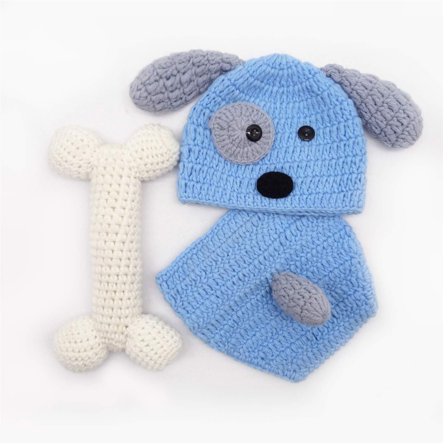 Newborn Baby Girl Boy Photo Props Outfits Crochet Knitted Blue Dog Hat Shorts with Bone Set for Boys Girls Photography Shoot (0-6 Months)