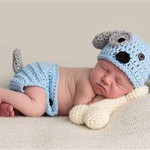 Newborn Baby Girl Boy Photo Props Outfits Crochet Knitted Blue Dog Hat Shorts with Bone Set for Boys Girls Photography Shoot (0-6 Months)