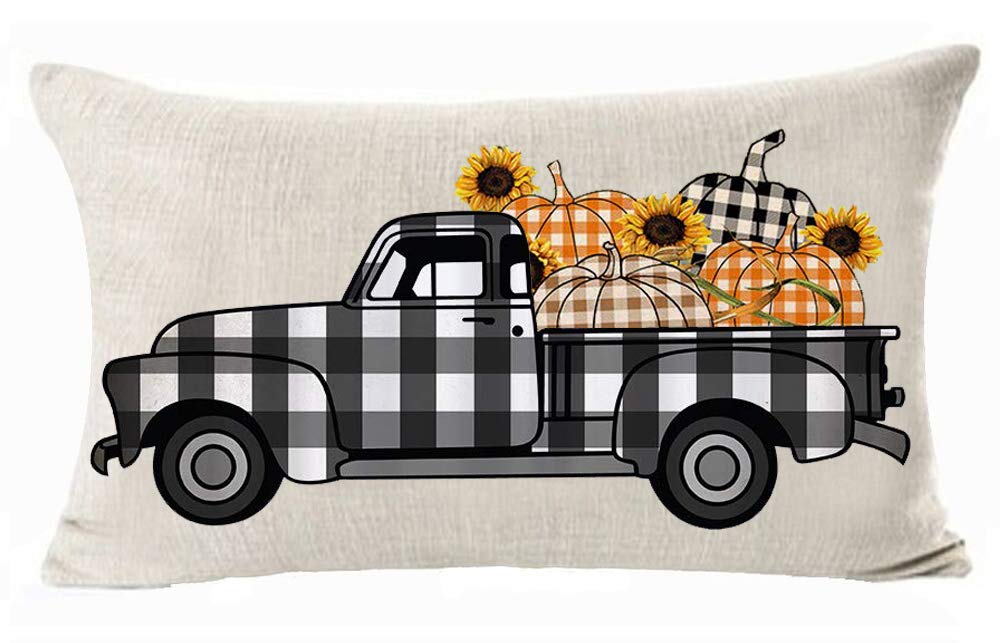 Pumpkin Patch Truck Fall Throw Pillow Cover Cushion Case Cotton Linen Home Office Decoration Rectangle 12 X 20 Inch