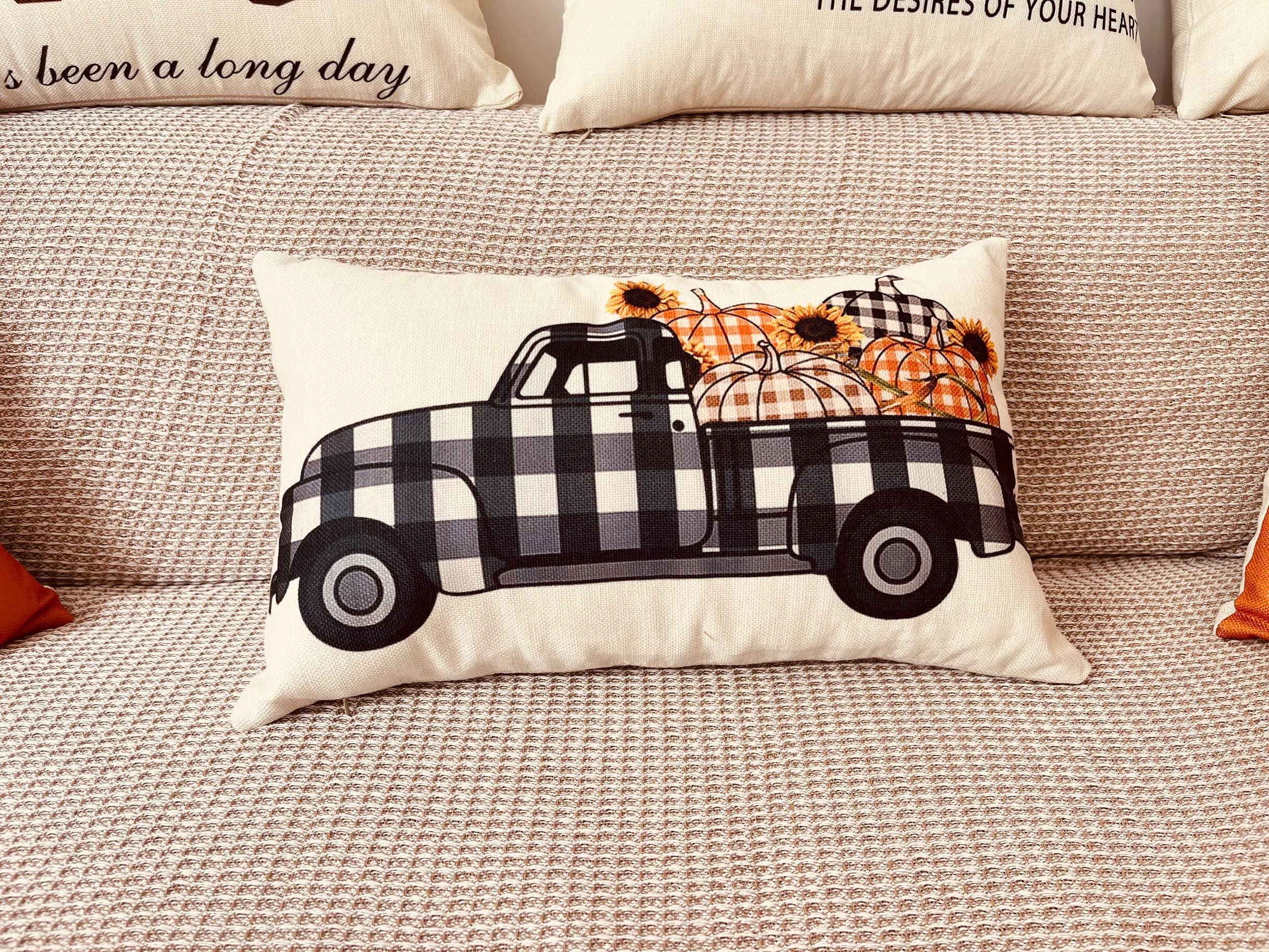 Pumpkin Patch Truck Fall Throw Pillow Cover Cushion Case Cotton Linen Home Office Decoration Rectangle 12 X 20 Inch