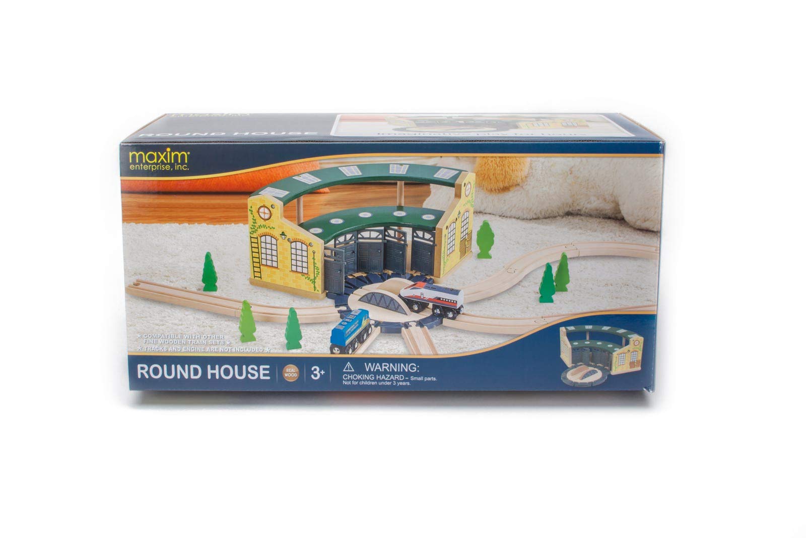 maxim enterprise, inc. Wooden Train Round House Combo with Rotating Turntable, Train Shed to House 5 Engines or Cars, Wooden Train Track Accessories Compatible with Major Brand Railway Sets