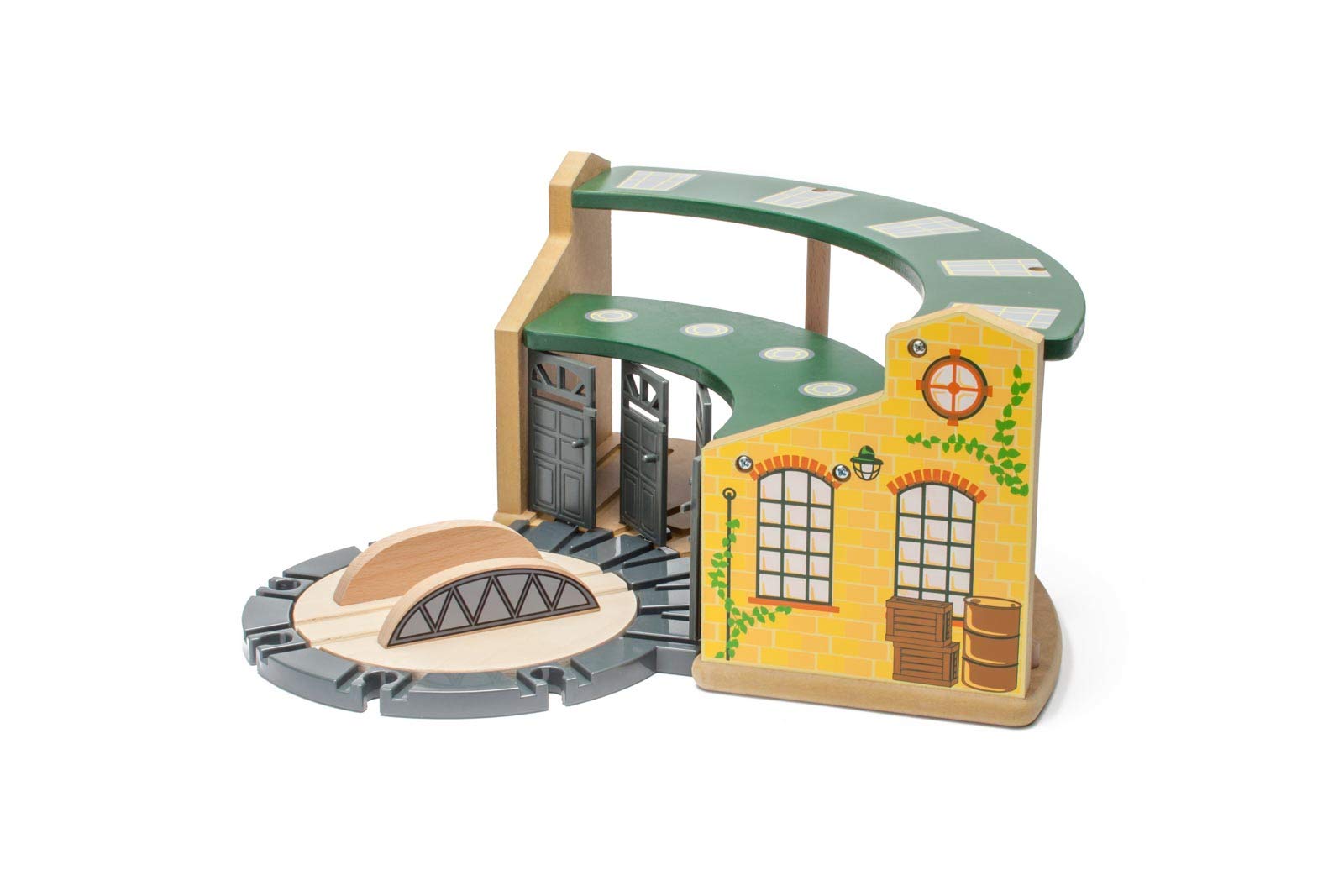 maxim enterprise, inc. Wooden Train Round House Combo with Rotating Turntable, Train Shed to House 5 Engines or Cars, Wooden Train Track Accessories Compatible with Major Brand Railway Sets