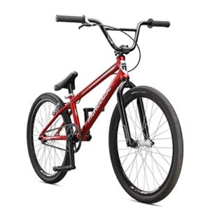 mongoose title pro bmx race bike with 24-inch wheels in red for beginner or returning riders, featuring lightweight tectonic t1 aluminum frame and internal cable routing