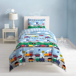dream factory kids 2-piece easy-wash super soft cotton comforter and pillow sham set, twin, blue trains and planes