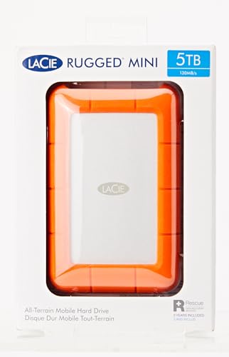 LaCie Rugged Mini, 5T,B USB 3.0 Portable 2.5 inch External Hard Drive for PC and Mac, Orange/Grey, with Rescue Services (STJJ5000400)