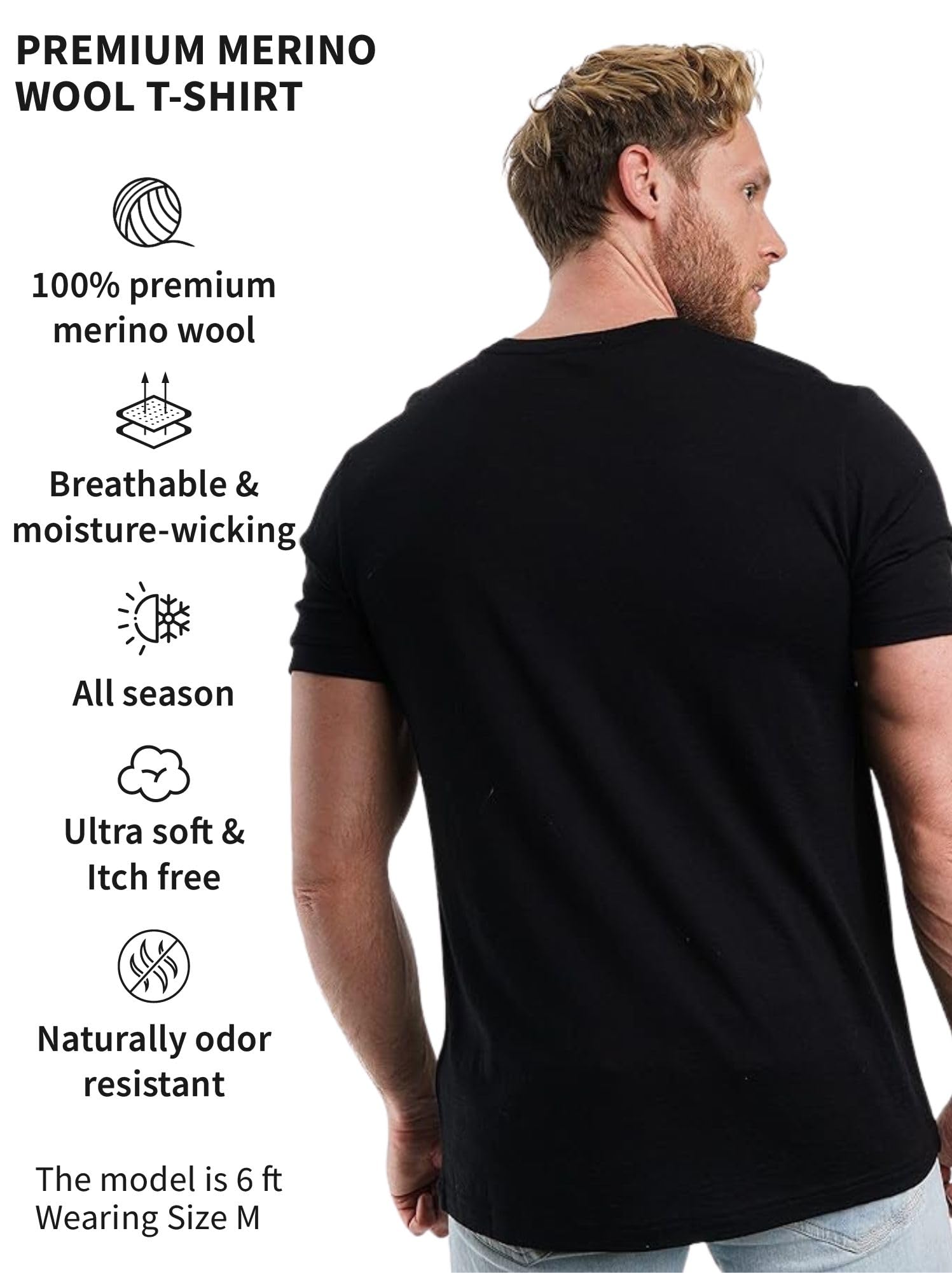 Merino.tech Merino Wool T-Shirt Mens - 100% Organic Merino Wool Undershirt Lightweight Base Layer (Heat Black, Medium)